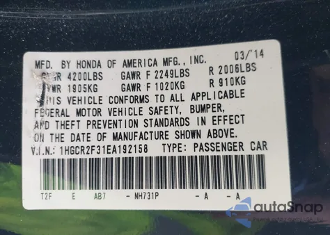2014 Honda Accord Lx from USA, damaged, VIN 1HGCR2F31EA192158